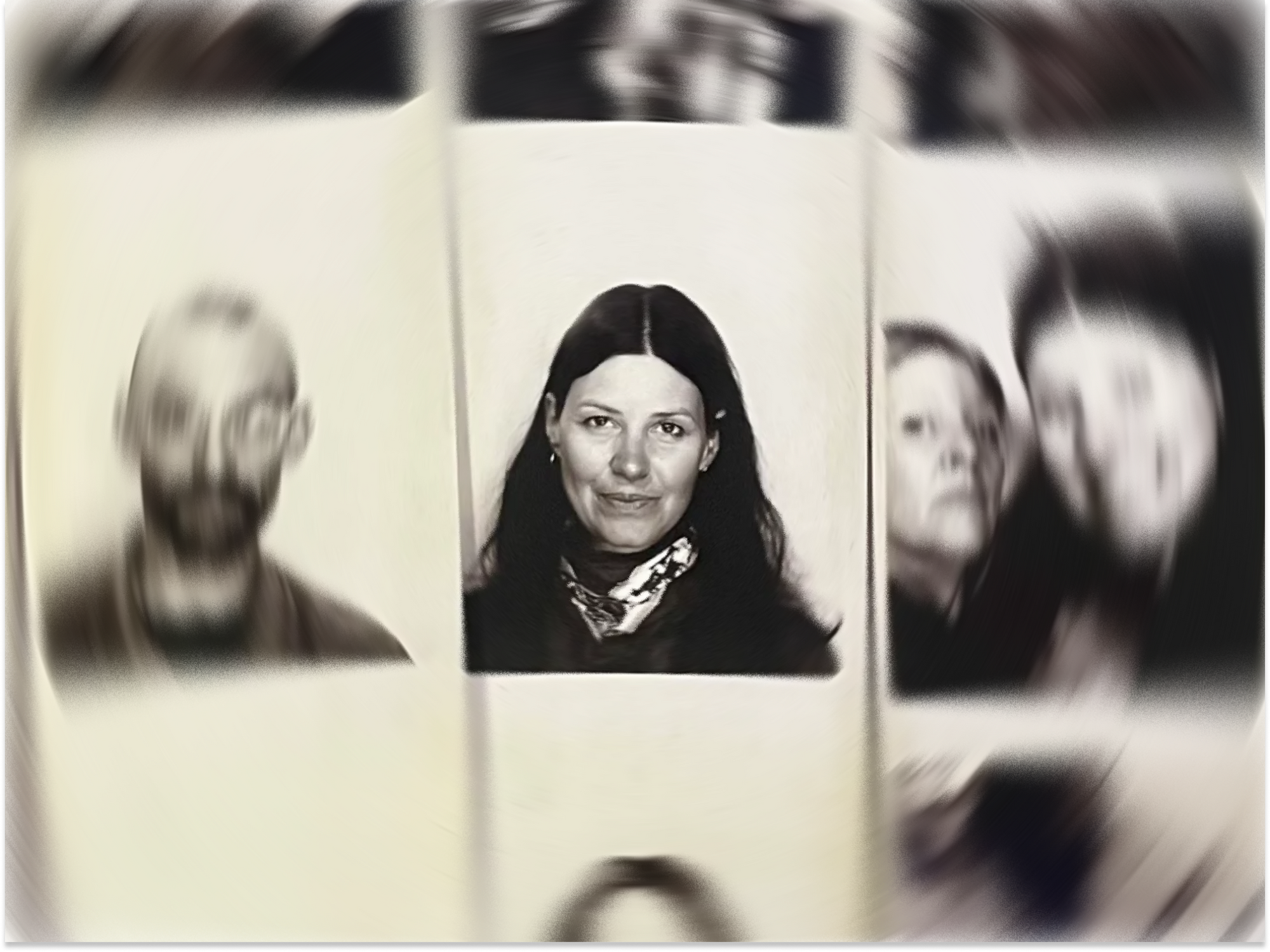 Black and white portrait of a woman with blurred faces around her