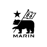 Black and white logo with a bear, star, and flag, accompanied by the text 'Marin'.